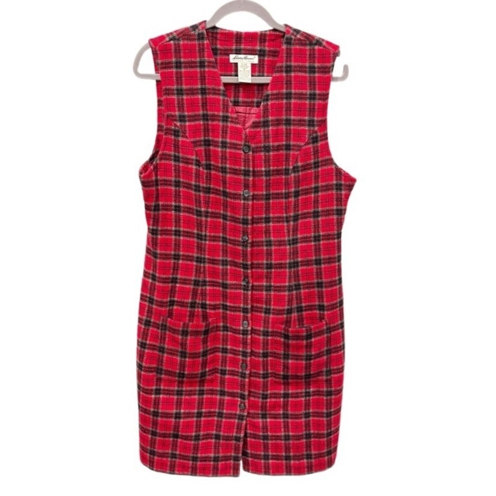 Eddie Bauer 90s Vintage Red Black Plaid Wool Blend Jumper Dress Size 12 Clueless